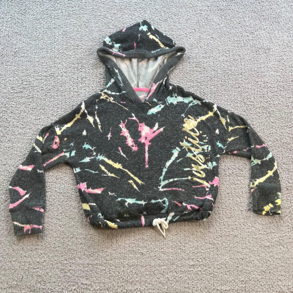 Justice Girls XS 5/6 Black Tie Dye Hoodie Gold Foil Logo Drawstring Hem